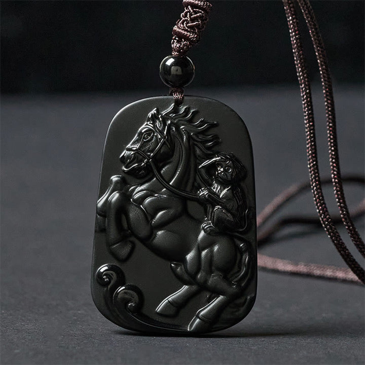Buddha Stones Year of the Horse Monkey Pattern Om Mani Padme Hum Black Obsidian Strength Necklace Pendant - image 11