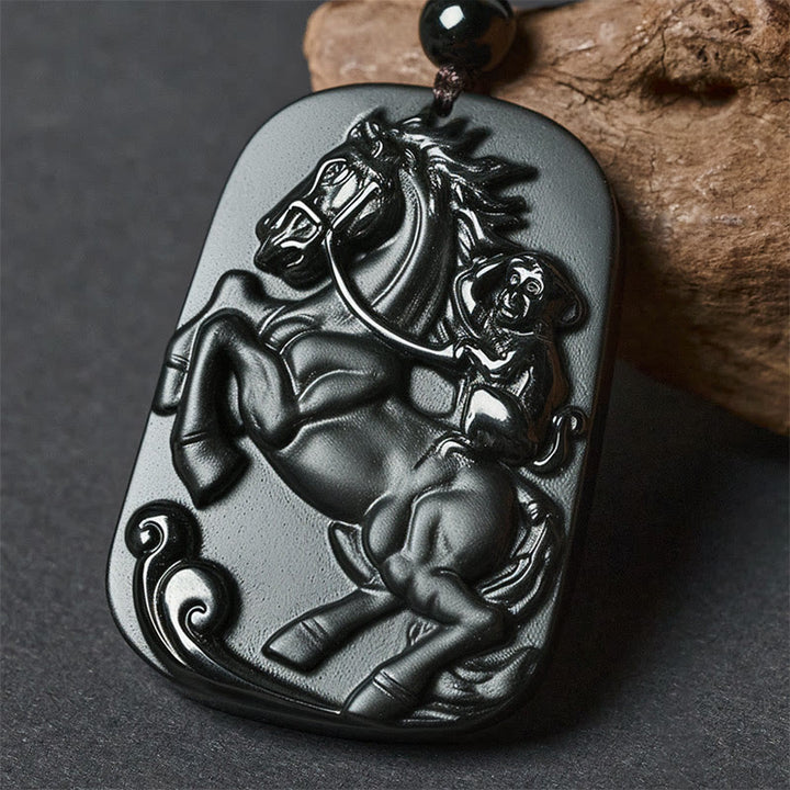 Buddha Stones Year of the Horse Monkey Pattern Om Mani Padme Hum Black Obsidian Strength Necklace Pendant - Horse&Monkey - image 10
