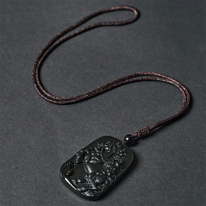 Buddha Stones Year of the Horse Monkey Pattern Om Mani Padme Hum Black Obsidian Strength Necklace Pendant - image 13