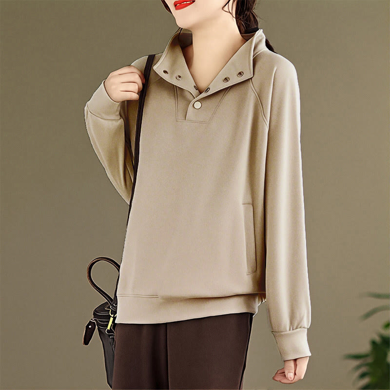 Buddha Stones Fall Solid Stand Collar Buttons Design Long Sleeve Women's Cotton Sweatshirt - image 23