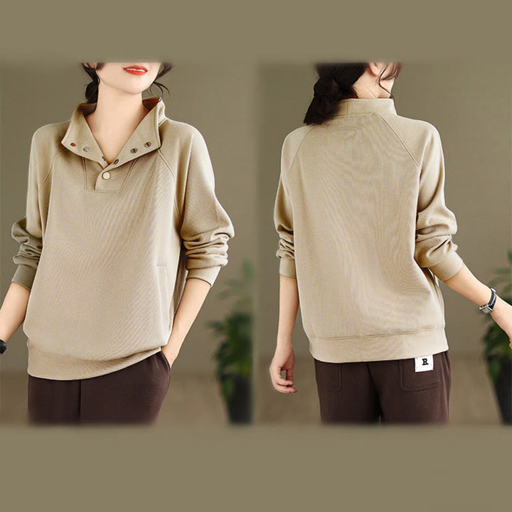 Buddha Stones Fall Solid Stand Collar Buttons Design Long Sleeve Women's Cotton Sweatshirt - image 25