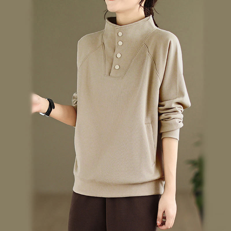 Buddha Stones Fall Solid Stand Collar Buttons Design Long Sleeve Women's Cotton Sweatshirt - image 24