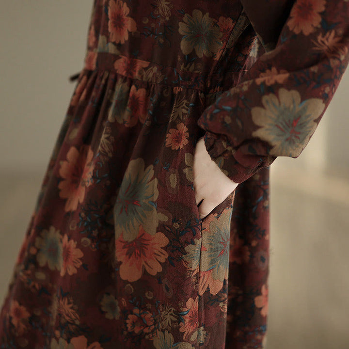 Buddha Stones Flower Pattern Long Sleeve Cotton Midi Dress With Pockets - image 7