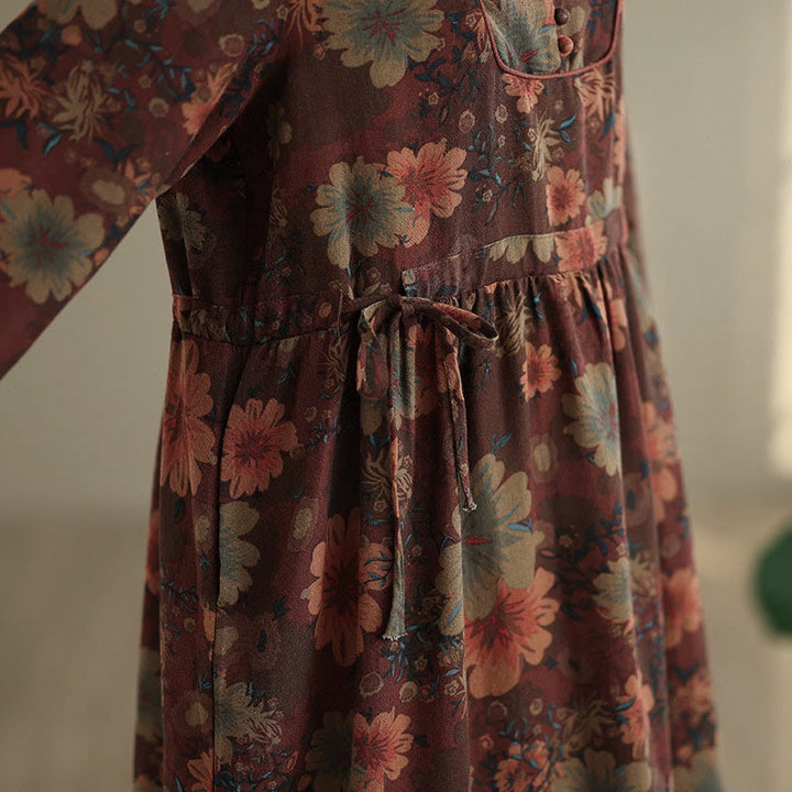 Buddha Stones Flower Pattern Long Sleeve Cotton Midi Dress With Pockets - image 8