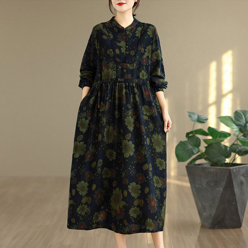 Buddha Stones Flower Pattern Long Sleeve Cotton Midi Dress With Pockets - MidnightBlue - US4，UK/AU8，EU36 (F) - image 12