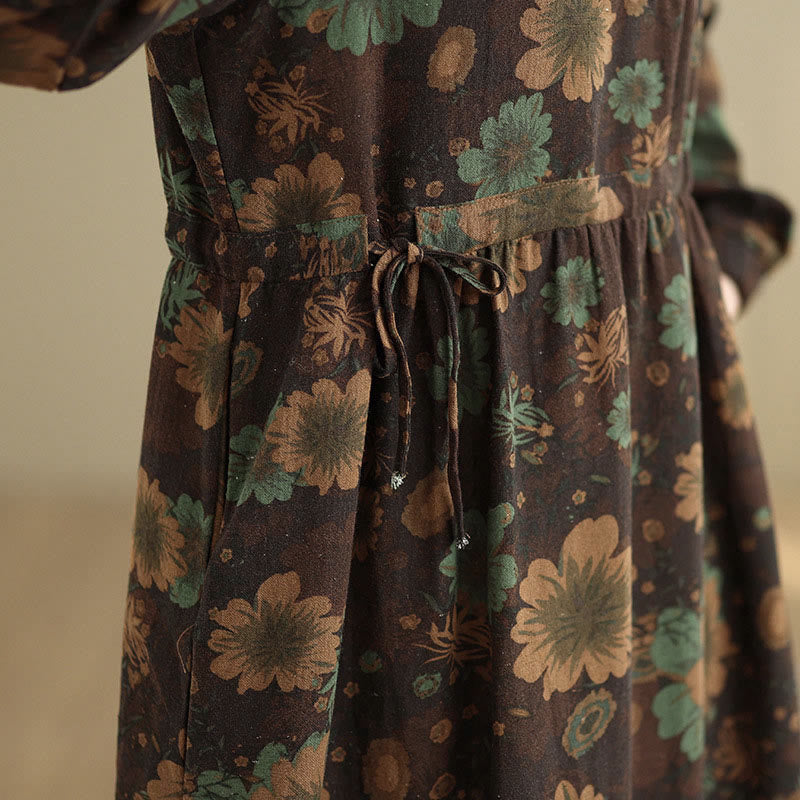 Buddha Stones Flower Pattern Long Sleeve Cotton Midi Dress With Pockets - image 21