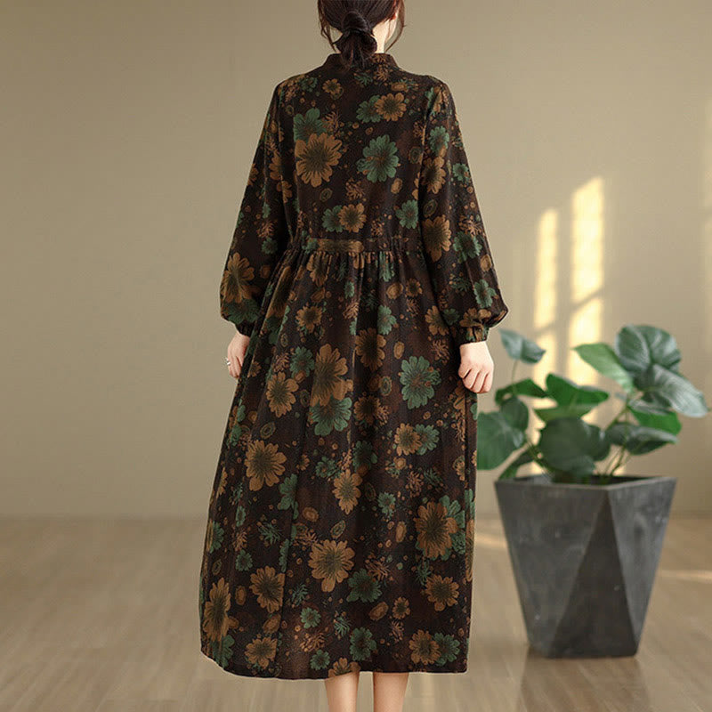 Buddha Stones Flower Pattern Long Sleeve Cotton Midi Dress With Pockets - image 20