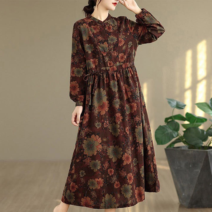 Buddha Stones Flower Pattern Long Sleeve Cotton Midi Dress With Pockets - image 1