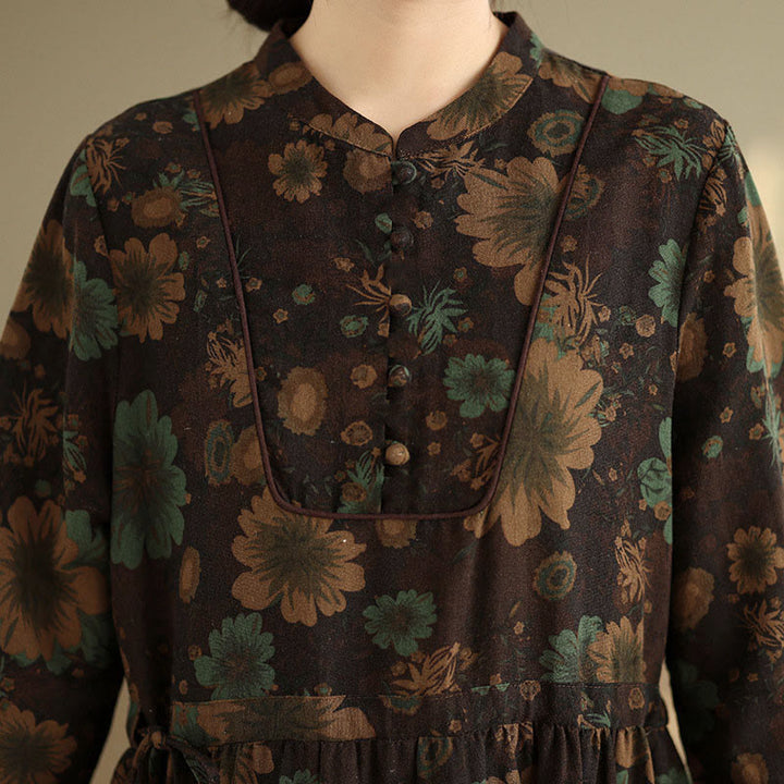 Buddha Stones Flower Pattern Long Sleeve Cotton Midi Dress With Pockets - image 22