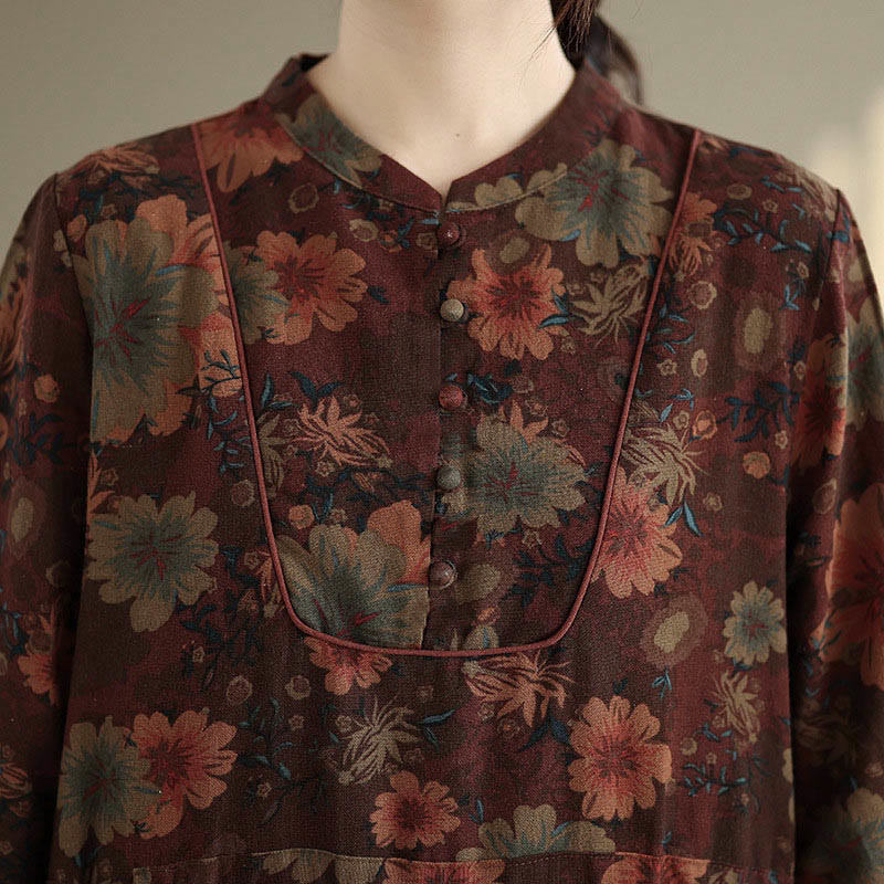 Buddha Stones Flower Pattern Long Sleeve Cotton Midi Dress With Pockets - image 9