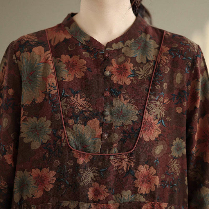 Buddha Stones Flower Pattern Long Sleeve Cotton Midi Dress With Pockets - image 9