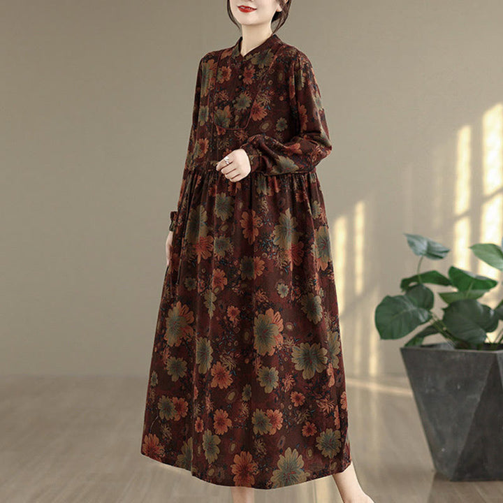 Buddha Stones Flower Pattern Long Sleeve Cotton Midi Dress With Pockets - image 5