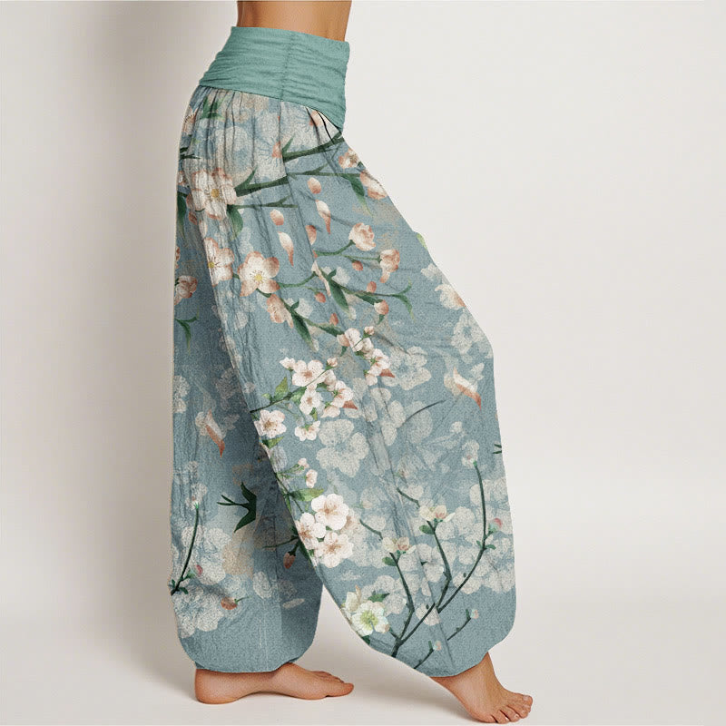 Buddha Stones Pure Cotton Peach Blossoms Flying Geese Pattern Women's Elastic Waist Harem Pants - image 2