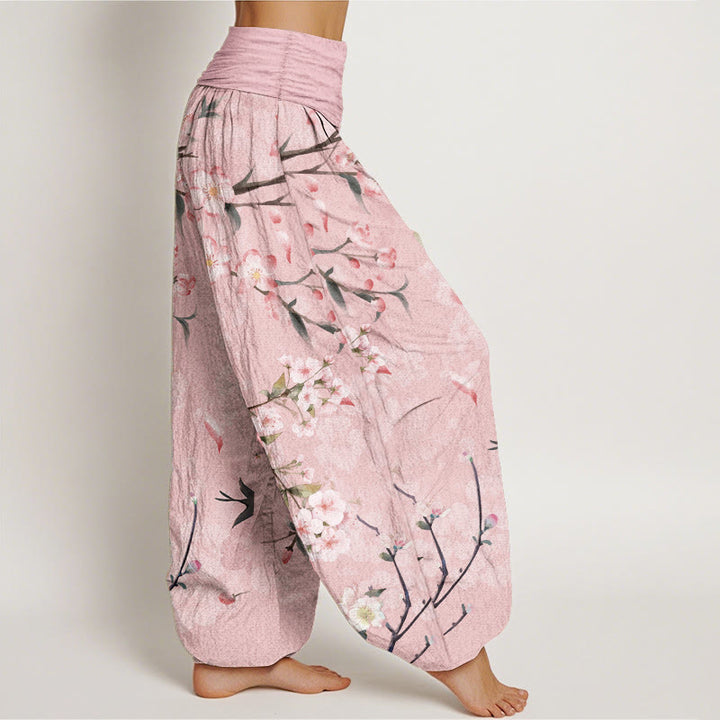 Buddha Stones Pure Cotton Peach Blossoms Flying Geese Pattern Women's Elastic Waist Harem Pants - image 7