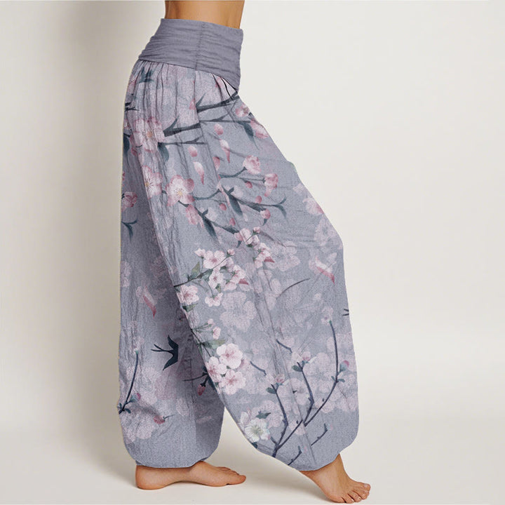 Buddha Stones Cotton Peach Blossoms Flying Geese Pattern Women's Elastic Waist Harem Pants - image 9