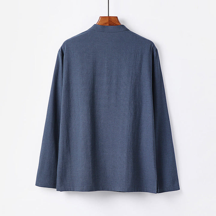 Buddha Stones Simple Solid Color Half Buttons Men's Long Sleeve Cotton Shirt - image 1