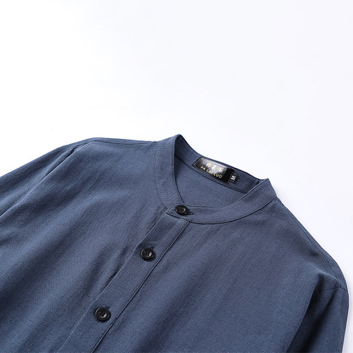 Buddha Stones Simple Solid Color Half Buttons Men's Long Sleeve Cotton Shirt - image 2