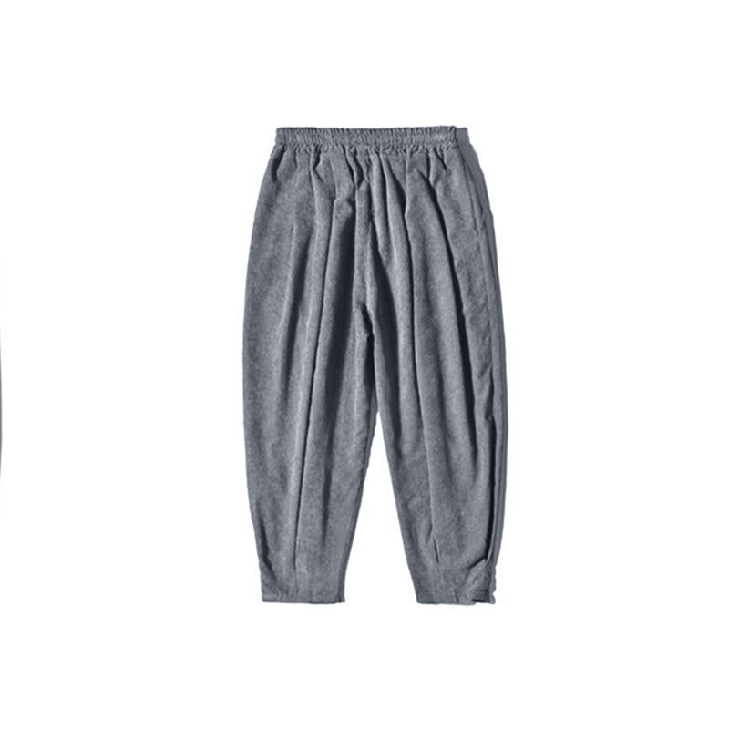 Buddha Stones Retro Men's Plain Fleece-Lined Corduroy Simple Design Harem Pants With Pockets - image 33
