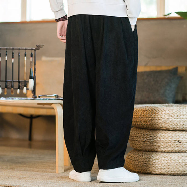 Buddha Stones Retro Men's Plain Fleece-Lined Corduroy Simple Design Harem Pants With Pockets - image 42