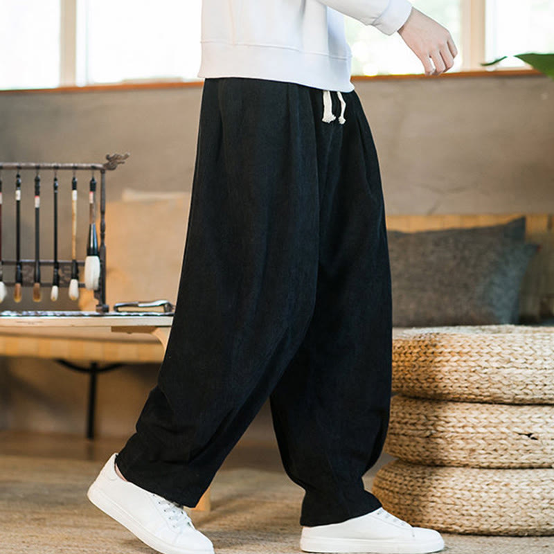 Buddha Stones Retro Men's Plain Fleece-Lined Corduroy Simple Design Harem Pants With Pockets - image 37