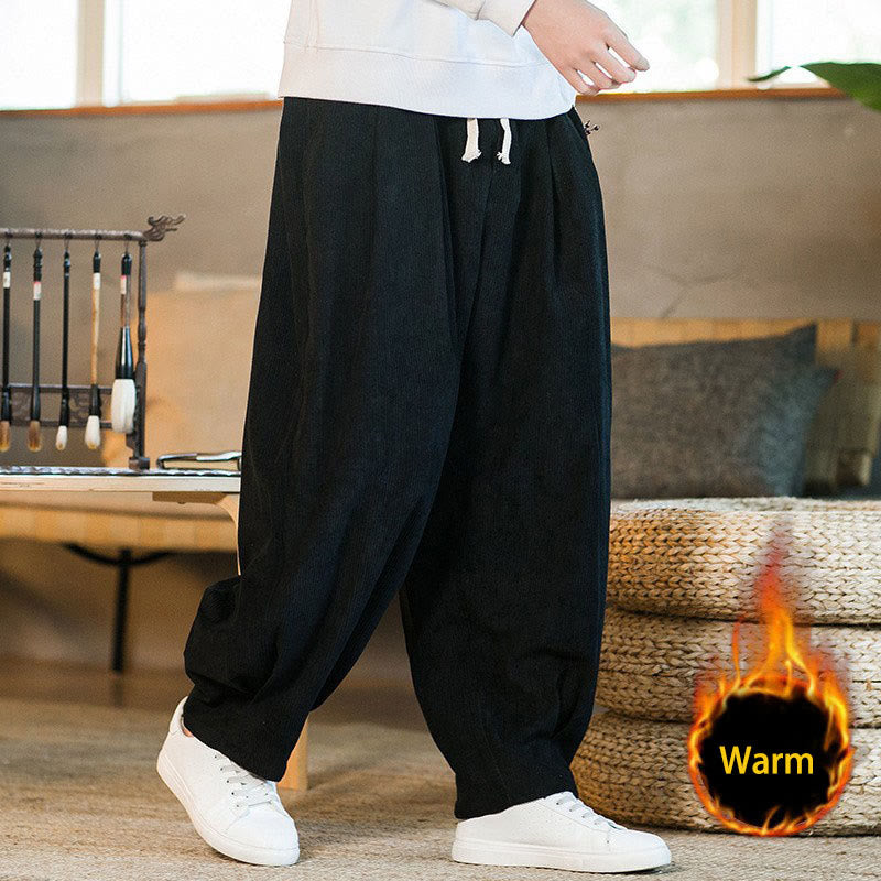 Buddha Stones Retro Men's Plain Fleece-Lined Corduroy Simple Design Harem Pants With Pockets - Black(Fleece-Lined) - US/UK/AU46，EU56 (5XL) - image 35