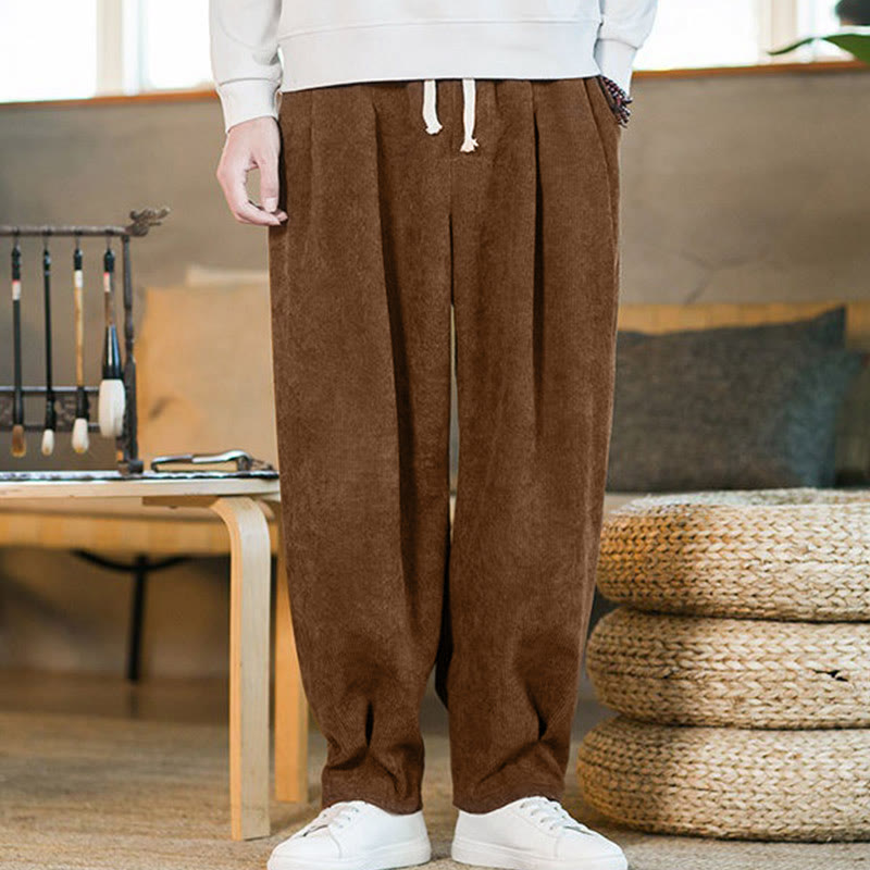 Buddha Stones Retro Men's Plain Fleece-Lined Corduroy Simple Design Harem Pants With Pockets - image 5