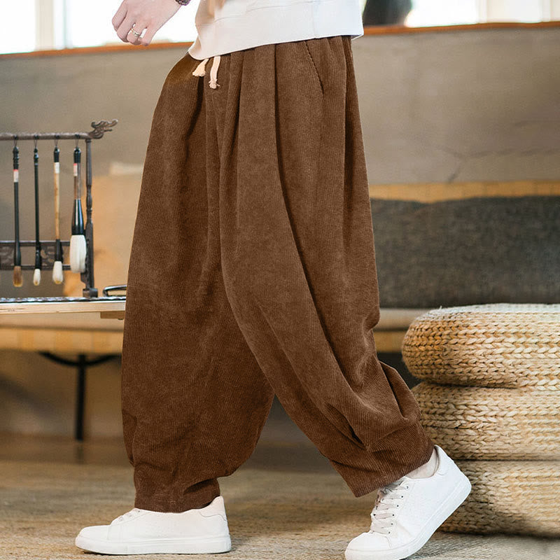 Buddha Stones Retro Men's Plain Fleece-Lined Corduroy Simple Design Harem Pants With Pockets - image 2