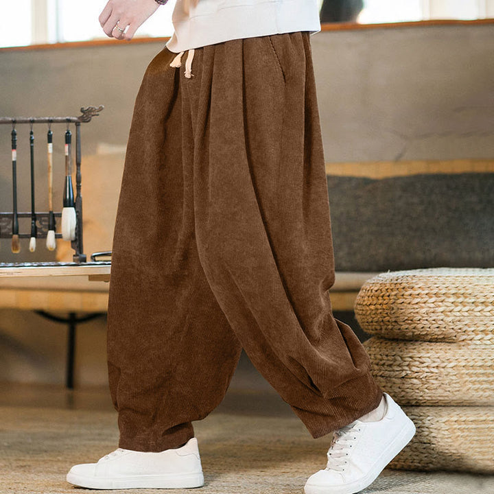 Buddha Stones Retro Men's Plain Fleece-Lined Corduroy Simple Design Harem Pants With Pockets - image 2