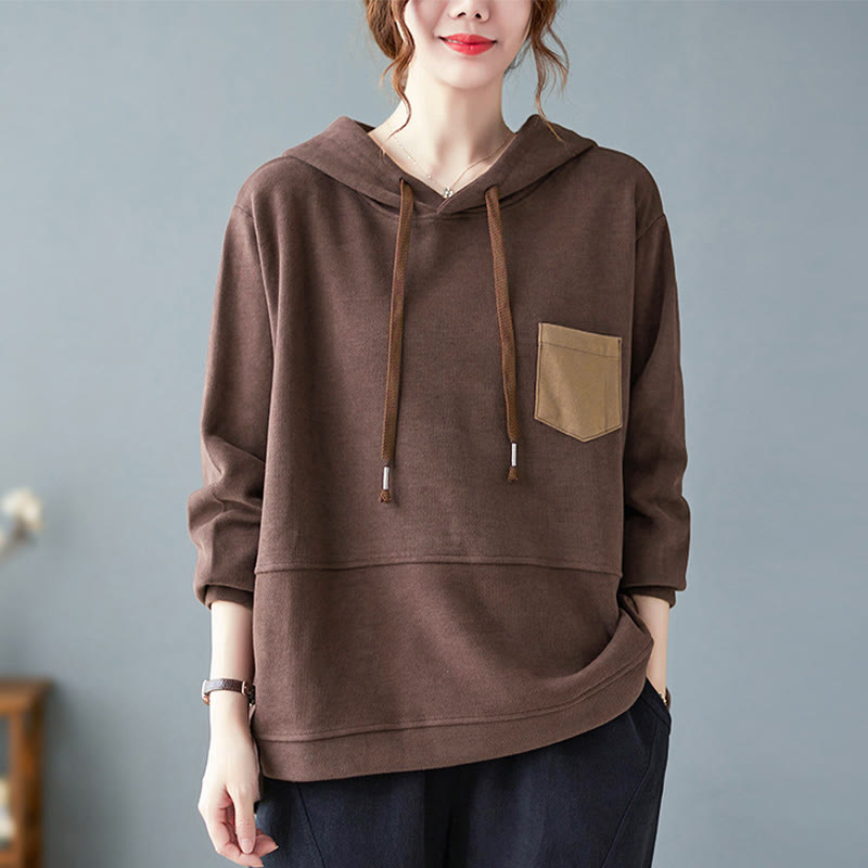 Buddha Stones Fall Solid Color Decorative Pocket Cotton Long Sleeve Women's Hoodie - SaddleBrown - US8-10，UK/AU12-14，EU40-42 (2XL) - image 0