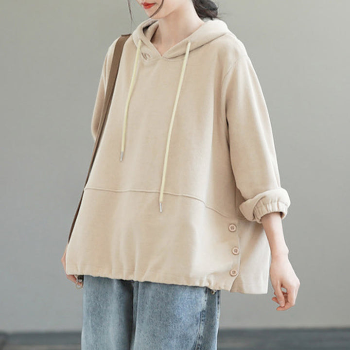 Buddha Stones Fall Solid Color Side Buttons Cotton Long Sleeve Women's Hoodie - image 1