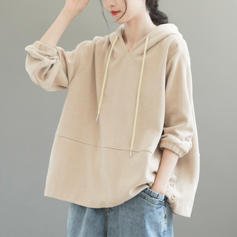 Buddha Stones Fall Solid Color Side Buttons Cotton Long Sleeve Women's Hoodie - image 3