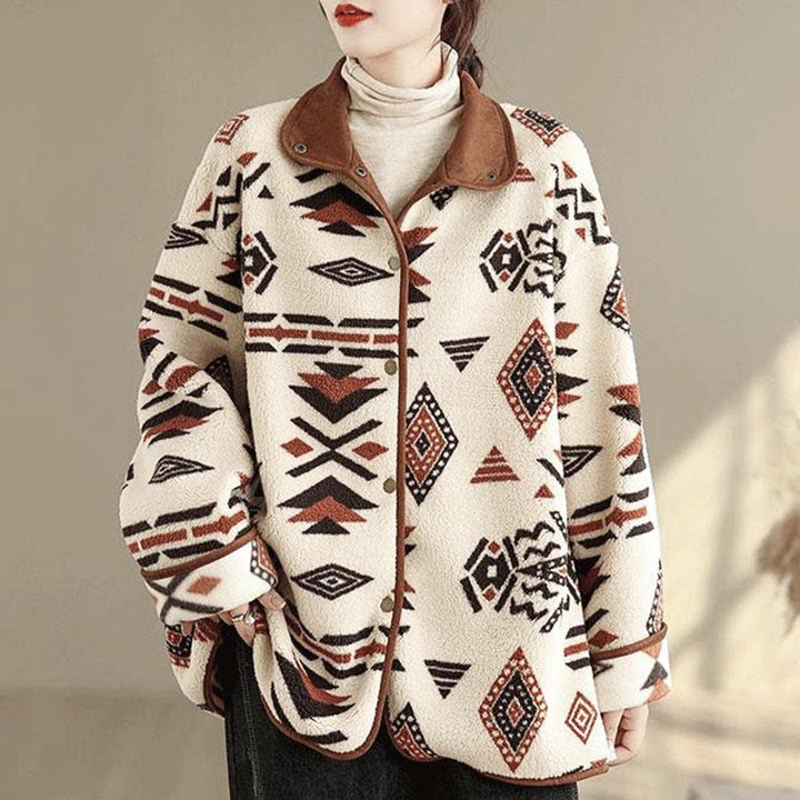 Buddha Stones Fall Winter Buttons Geometric Patterns Long Sleeve Cotton Women's Jacket  - FloralWhite - US12，UK/AU16，EU44 (3XL) - image 0