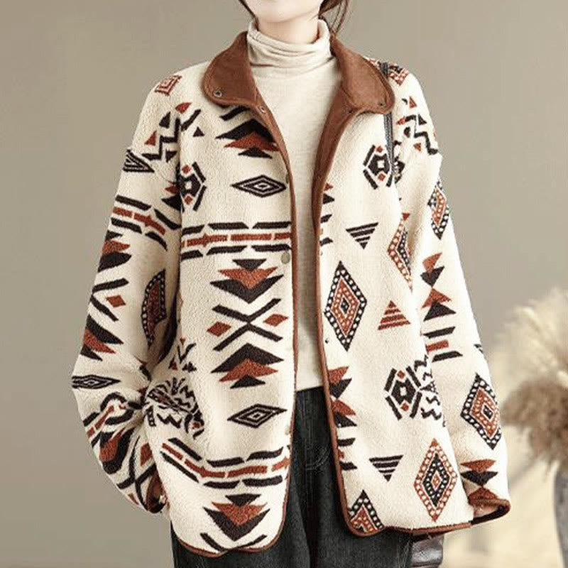 Buddha Stones Fall Winter Buttons Geometric Patterns Long Sleeve Cotton Women's Jacket  - image 1