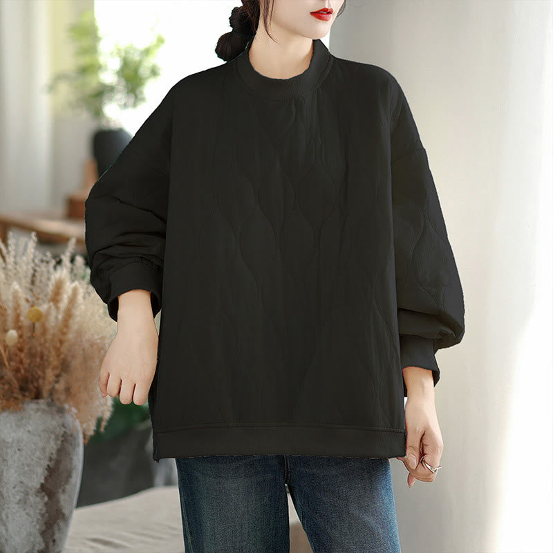 Buddha Stones Fall Solid Curved design Crew Neck Long Sleeve Women's Cotton Sweatshirt With Pockets - image 4