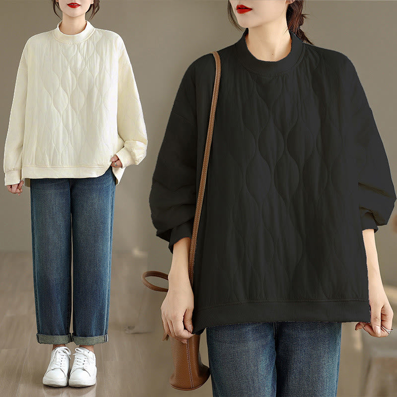 Buddha Stones Fall Solid Curved design Crew Neck Long Sleeve Women's Cotton Sweatshirt With Pockets - image 0