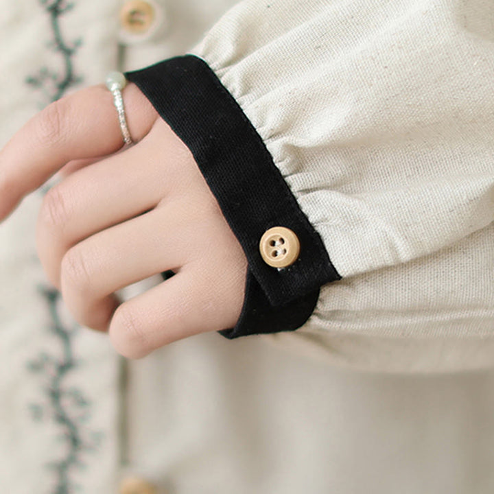 Buddha Stones Spring Embroidery Buttons Design Women's Cotton Peter Pan Collar Long Sleeve Shirt - image 12