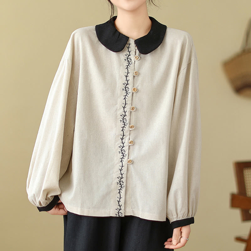 Buddha Stones Spring Embroidery Buttons Design Women's Cotton Peter Pan Collar Long Sleeve Shirt - image 4