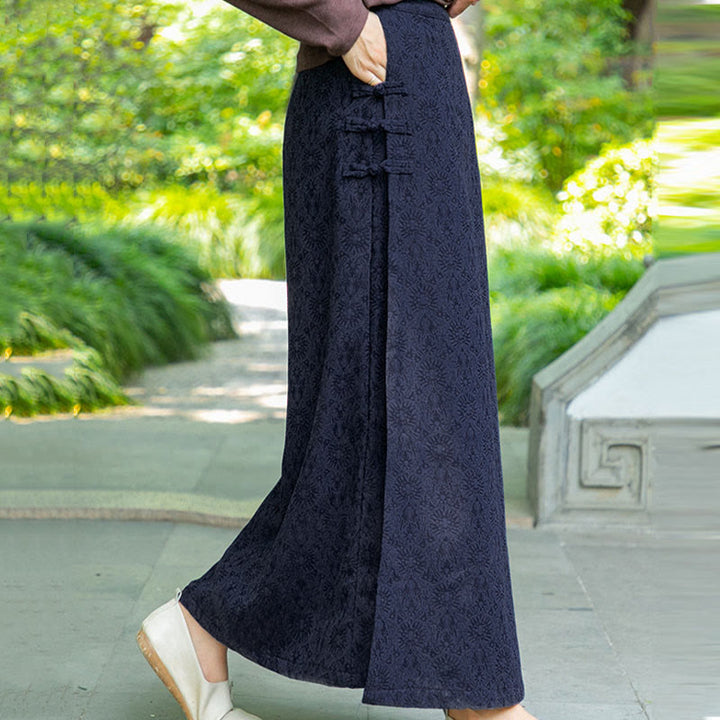 Buddha Stones Fall Winter Floral Pattern Frog-Button Women's Corduroy Skirt With Pockets - image 3