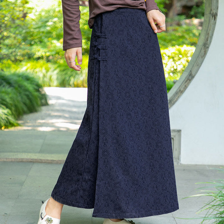 Buddha Stones Fall Winter Floral Pattern Frog-Button Women's Corduroy Skirt With Pockets - image 0