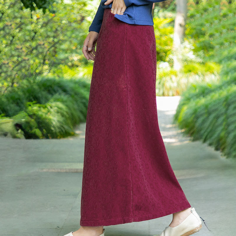 Buddha Stones Fall Winter Floral Pattern Frog-Button Women's Corduroy Skirt With Pockets - image 7