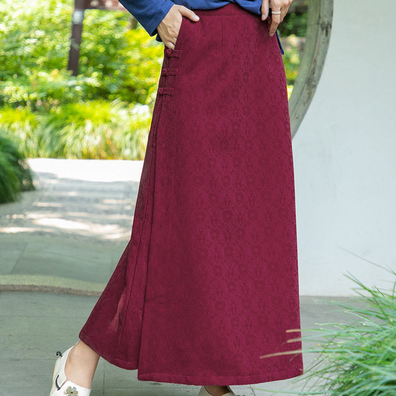 Buddha Stones Fall Winter Floral Pattern Frog-Button Women's Corduroy Skirt With Pockets - image 5