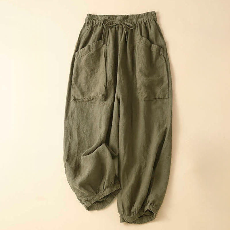 Buddha Stones Commute Women's Plain Harem Capri Cotton Pants With Pockets - OliveDrab - US8-10，UK/AU12-14，EU40-42 (2XL) - image 0