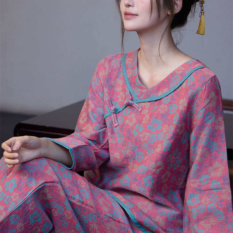 Buddha Stones 2pcs Floral Pattern Frog-Button Long Sleeve Round Neck Shirt Pants Cotton Pajamas Set  - image 4