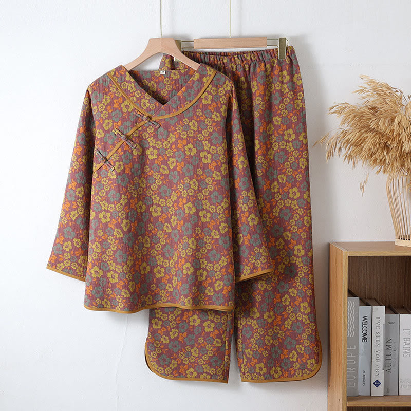 Buddha Stones 2pcs Floral Pattern Frog-Button Long Sleeve Round Neck Shirt Pants Cotton Pajamas Set  - Goldenrod - US6，UK/AU10，EU38 (XL) - image 11