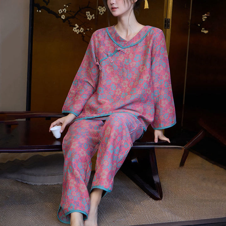 Buddha Stones 2pcs Floral Pattern Frog-Button Long Sleeve Round Neck Shirt Pants Cotton Pajamas Set  - image 2