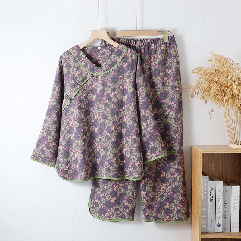 Buddha Stones 2pcs Floral Pattern Frog-Button Long Sleeve Round Neck Shirt Pants Cotton Pajamas Set  - DarkOrchid - US6，UK/AU10，EU38 (XL) - image 0
