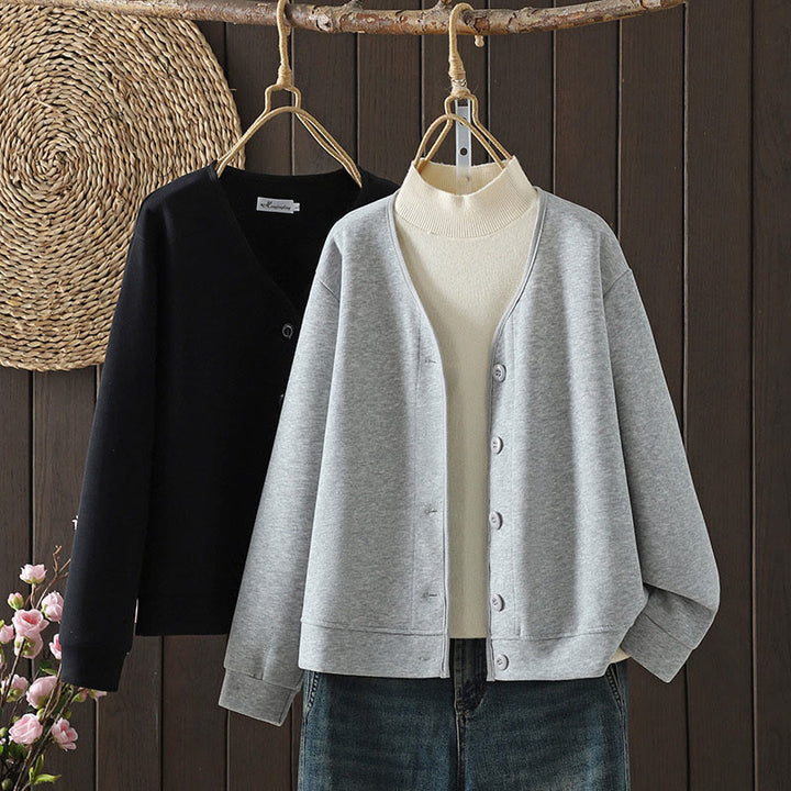 Buddha Stones Simple Plain V-Neck Buttons Down Design Women's Cotton Long Sleeve Jacket - image 0