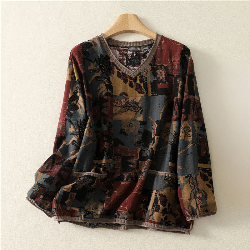 Buddha Stones Fall Geometric Patchwork V-Neck Women's Long Sleeve T-shirt With Pockets - IndianRed - US4-6，UK/AU8-10，EU36-38 (F) - image 0