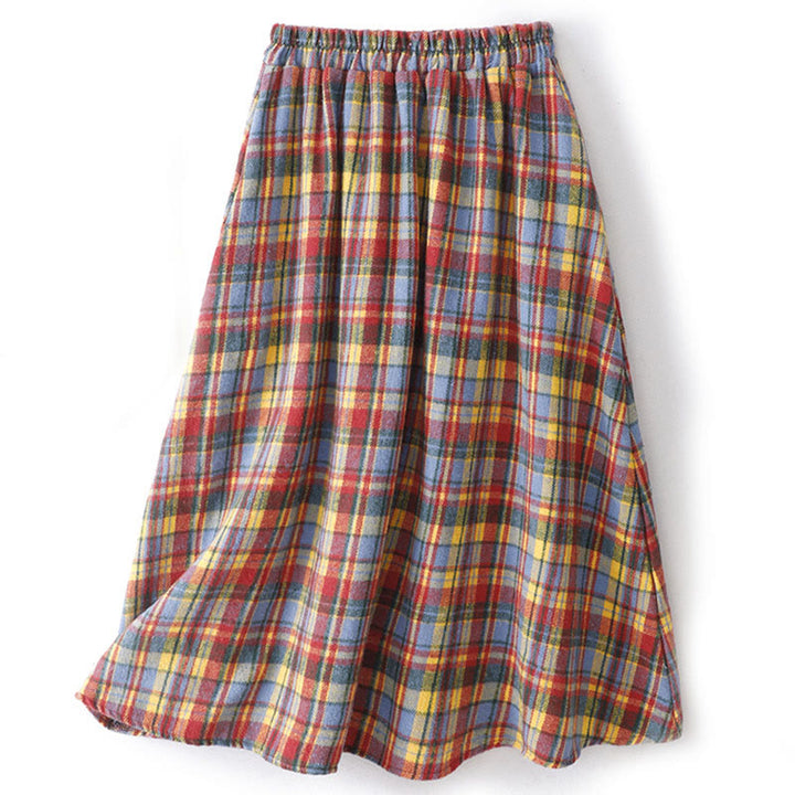 Buddha Stones Fall Winter Women's Plaid Pattern Cotton Skirt With Pockets - Red - US8-10，UK/AU12-14，EU40-42 (2XL) - image 0
