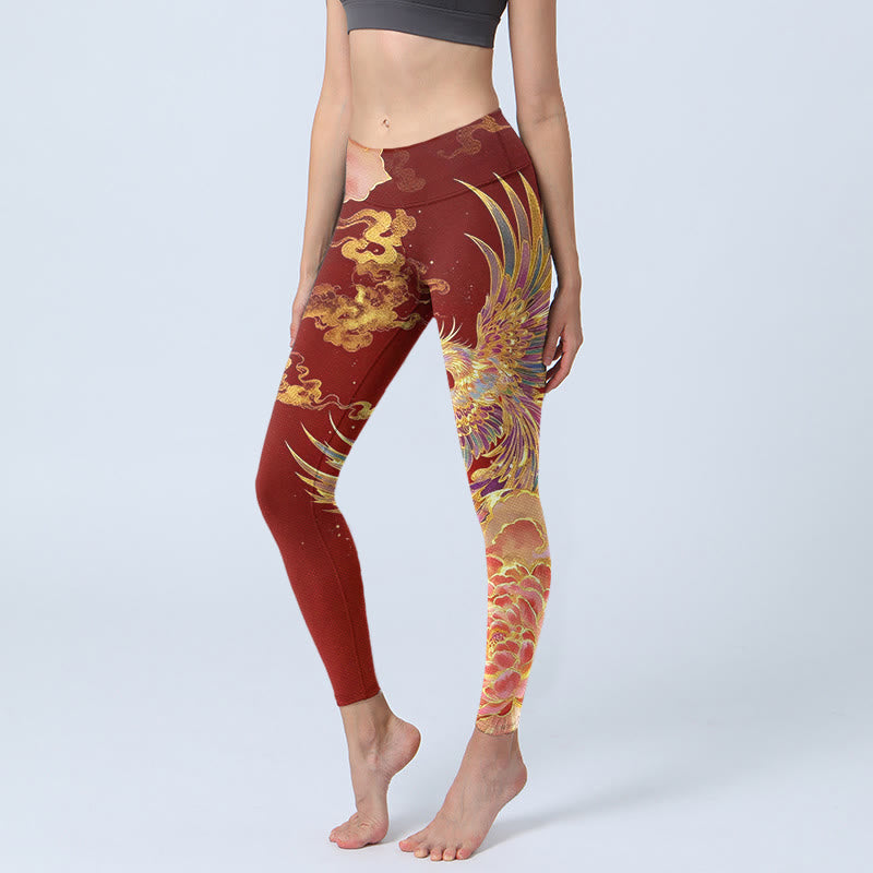 Buddha Stones Gorgeous Phoenix Peony Cloud Pattern Print Gym Leggings Women's Yoga Pants - FireBrick - US18，UK/AU22，EU50 (4XL) - image 0